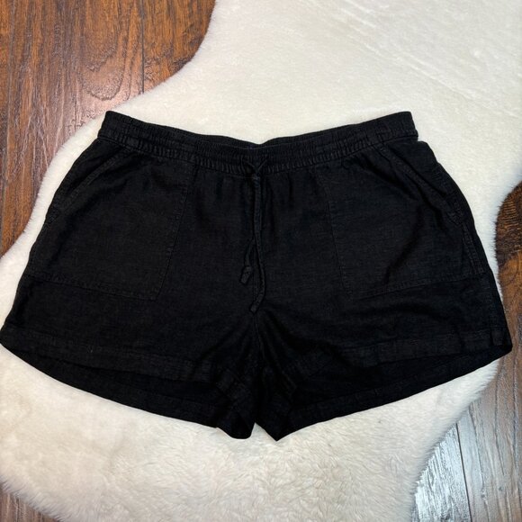 J. Crew Pull-On Shorts Large Black Linen Blend Elastic Waist Drawstring Pockets - Picture 1 of 11